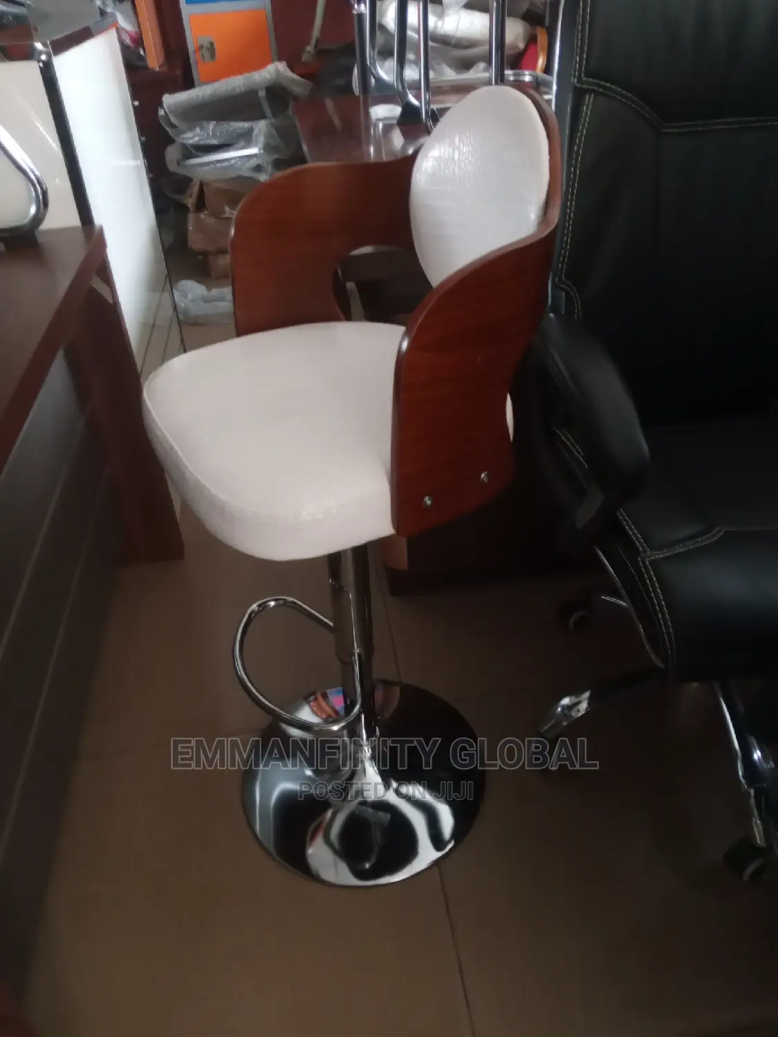 White Leather Barstool With Wooden Back
