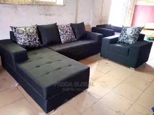L-Shape Sofa With Single Seater Chair, Pillows. Black Fabric