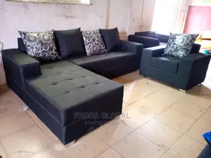 L-Shape Sofa With Single Seater Chair. Black Fabric Couch. Aku07