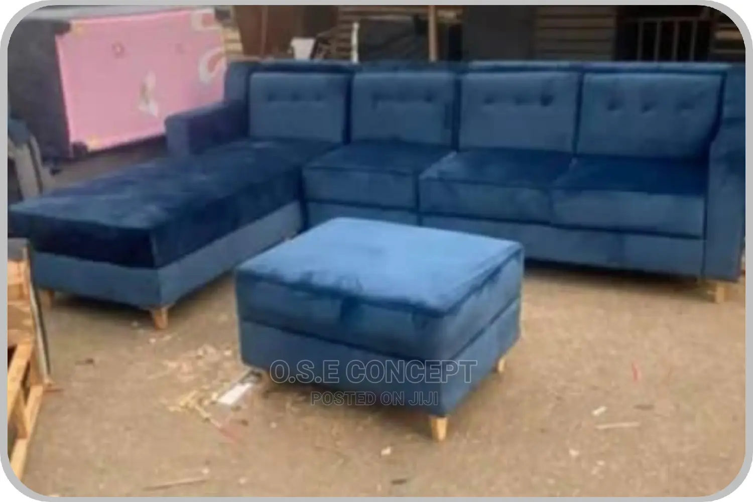 Blue L- Shaped Fabric Sofa With Center Table