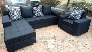 L-Shape Sofa With Single Seater Chair. Black Fabric Couch
