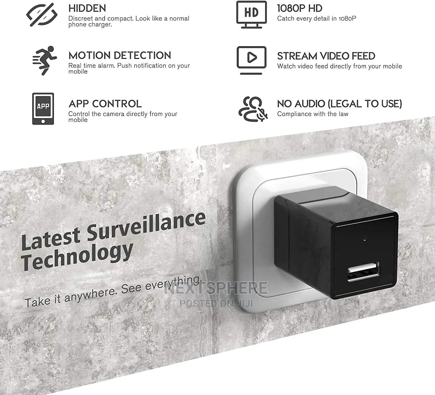 Wireless HD 1080P USB Camera Wifi Mobile Hidden AC Adapter