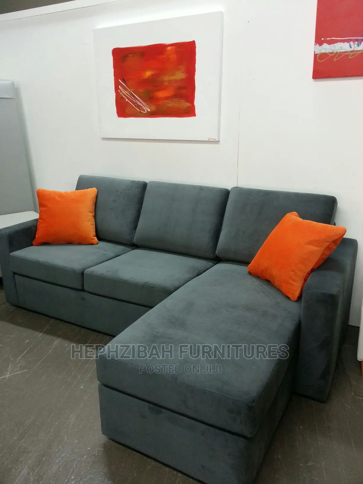 L Shaped Grey Velvet Pillow Back Sofa