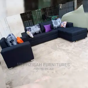 7 Seaters L Shaped Fabric Sofa With Throw Pillows