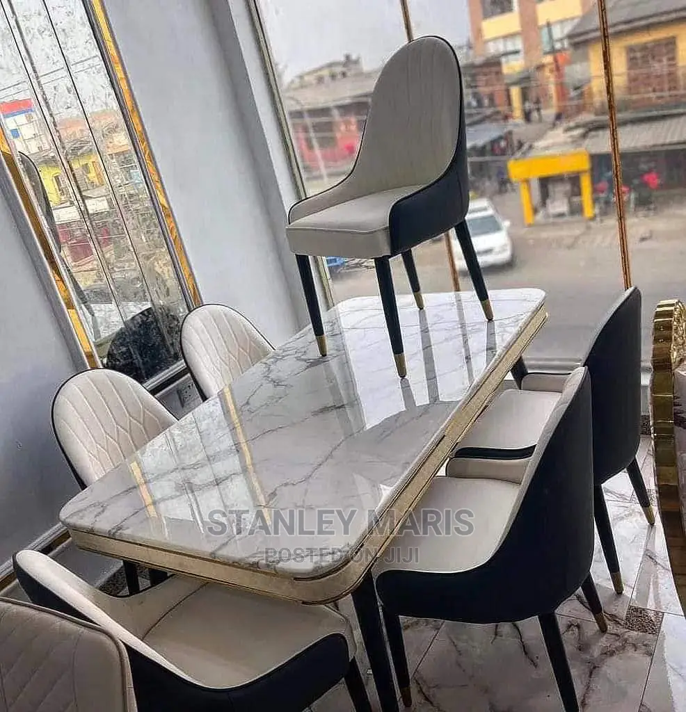 Marble Dinning Table With Six Leather Chairs