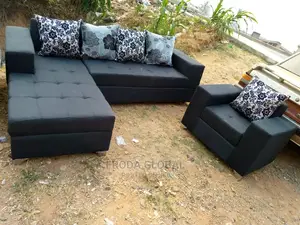 L-Shape Sofa With Single Chair. Fabric Couch