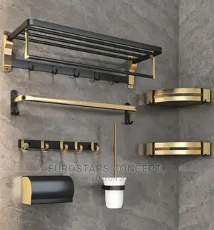 Black An Gold Complete Set Of Bathroom Accessories