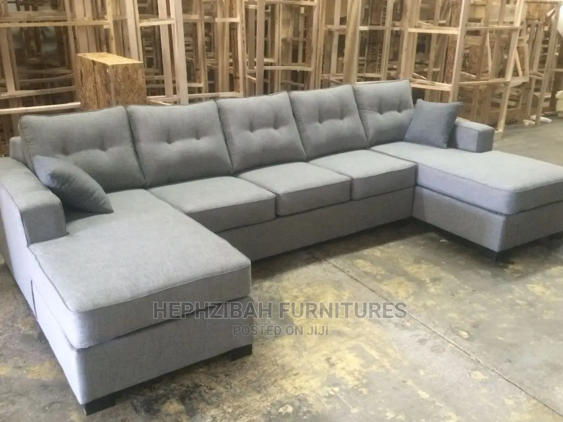 U Shaped Grey Fabric Sofa