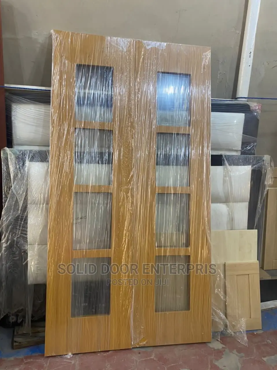 Solid HDF Door With Glass Design And Complete Frame For Sale