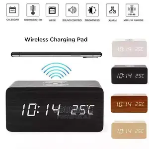 Customizable Wireless Charging Wooden Digital LED Desk Clock
