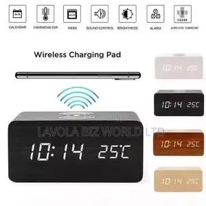 Customizable Wireless Charging Wooden Digital LED Desk Clock