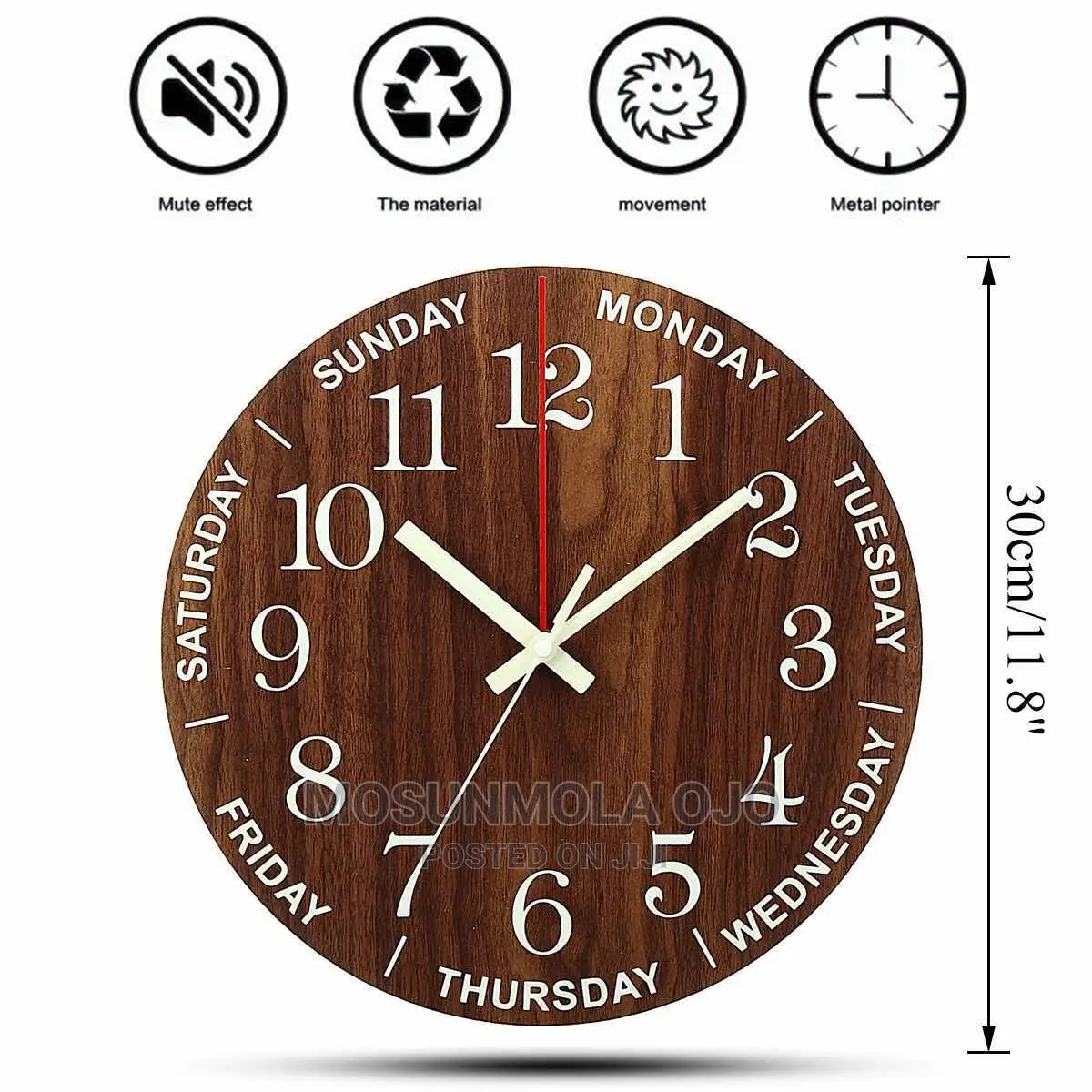 12 Inch Wall Clock - Wood - Luminous