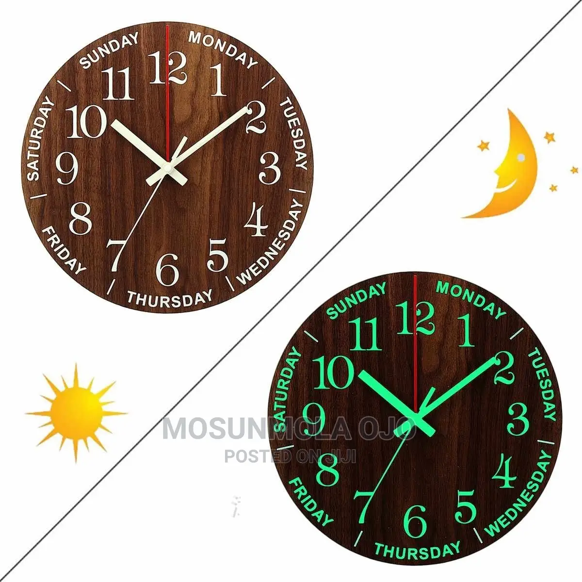 12 Inch Wall Clock - Wood - Luminous