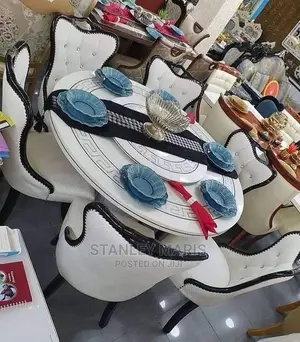 Round Versace Marble Dinning Table With 6 Leather Chairs
