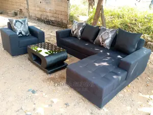 L-Shape Sofa With Single Chair and Table. Fabric Couch