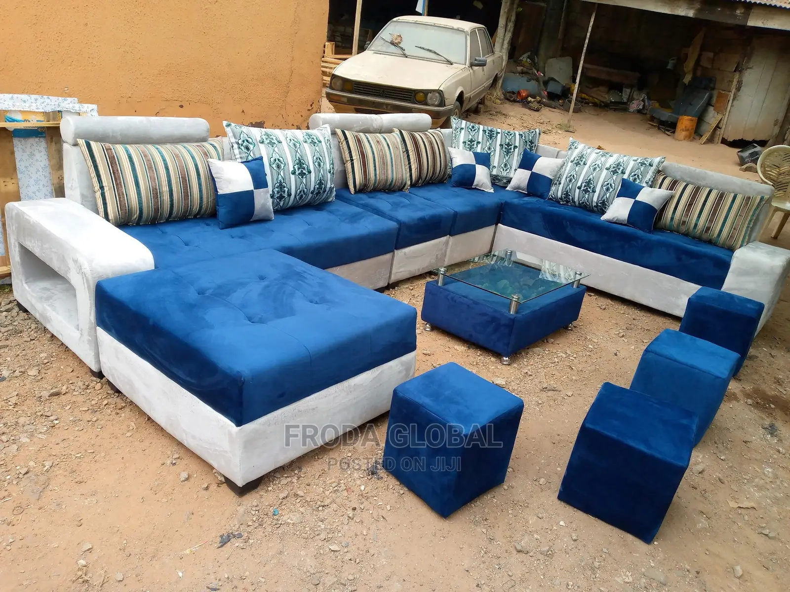 U-Shape Sofa Chairs With Table + Side Stools. Classic Couch