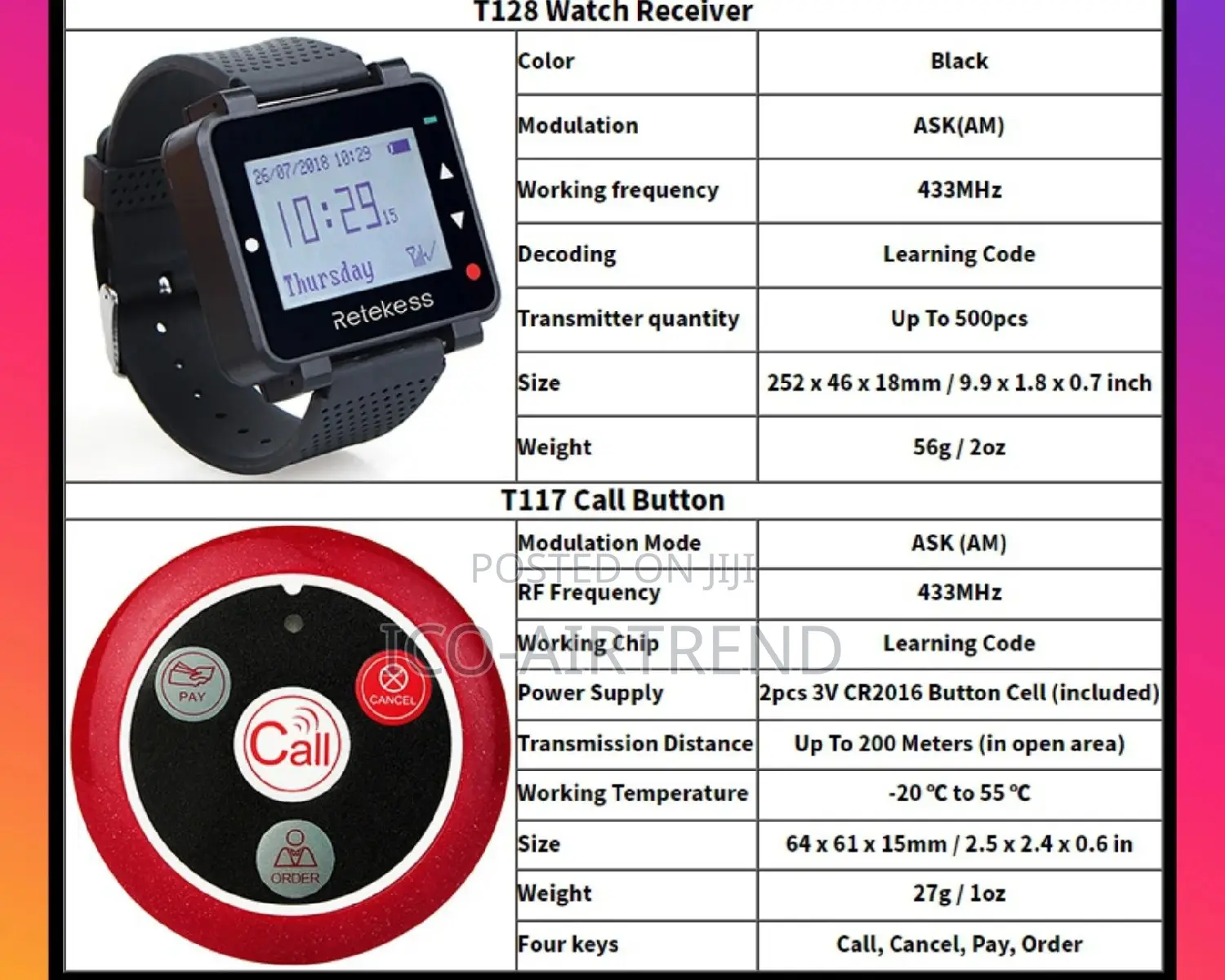 Restaurant Calling System Watch Receiver + 5pcs Call Button