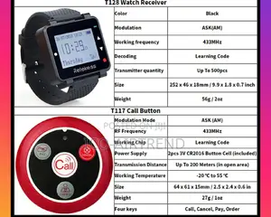 Restaurant Calling System Watch Receiver + 5pcs Call Button