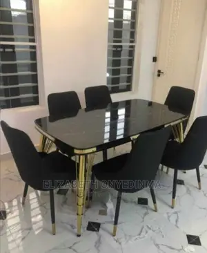 Quality 6 Seater Marble Top Black Dining Table.