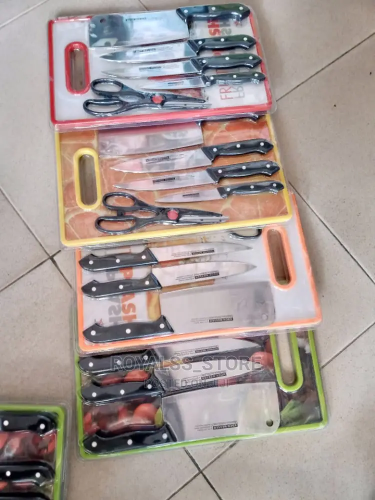 Stainless Steel Knife Set, Scissors and Chopping Board