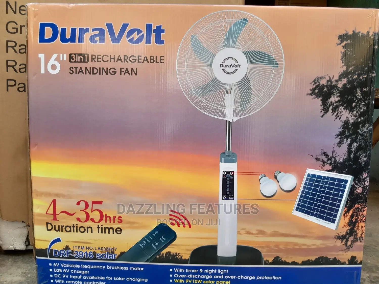 16" Rechargeable Fan With Solar Panel and Bulbs