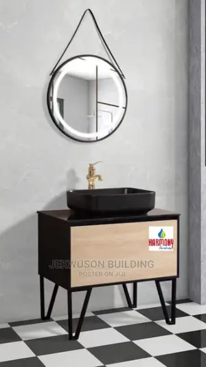 Mesh Black Cabinet Basin With Round Mirror