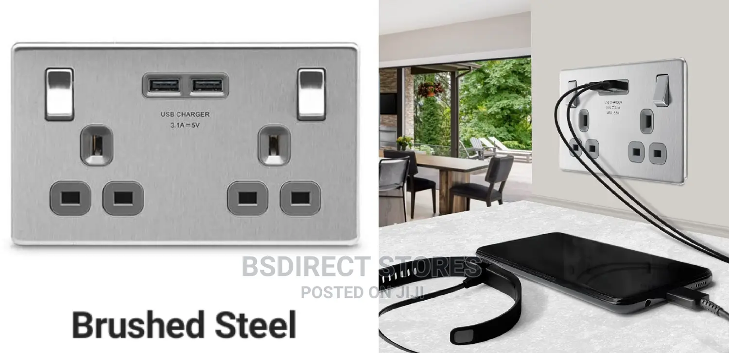 BG Brushed Steel USB Double Socket 2gang Screwless Flatplate