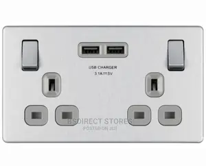 BG Brushed Steel USB Double Socket 2gang Screwless Flatplate