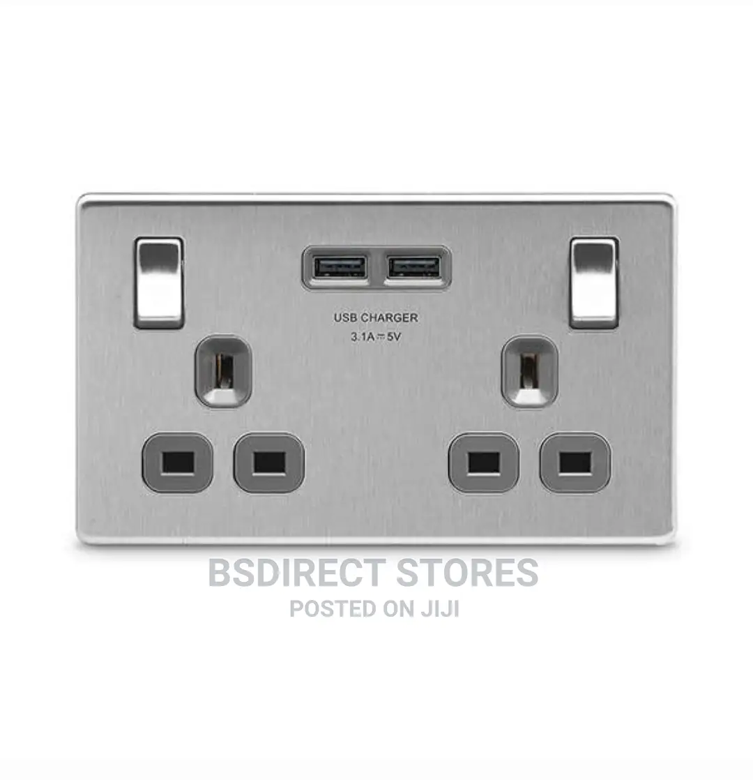 BG Brushed Steel USB Double Socket 2gang Screwless Flatplate