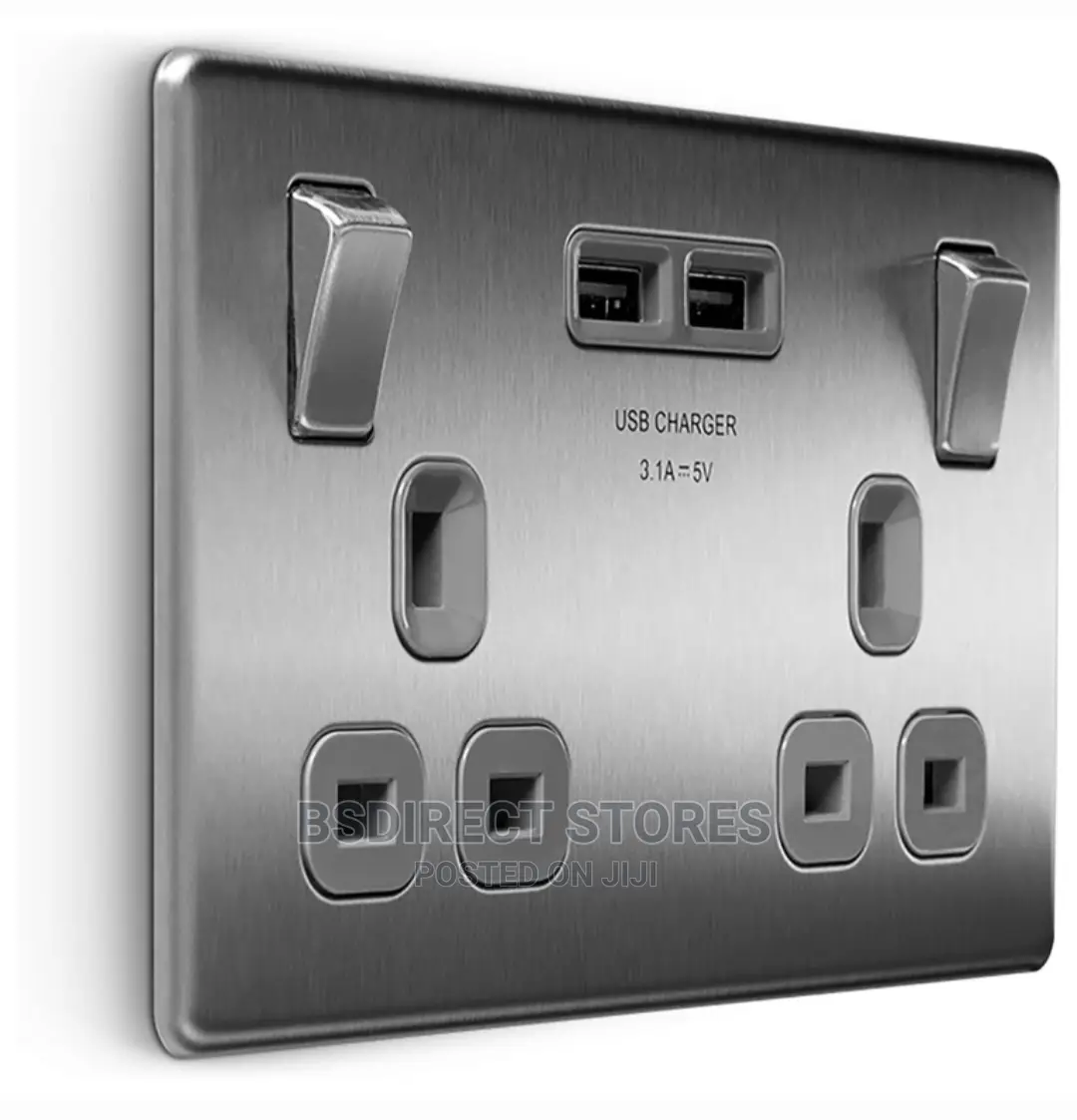 BG Brushed Steel USB Double Socket 2gang Screwless Flatplate