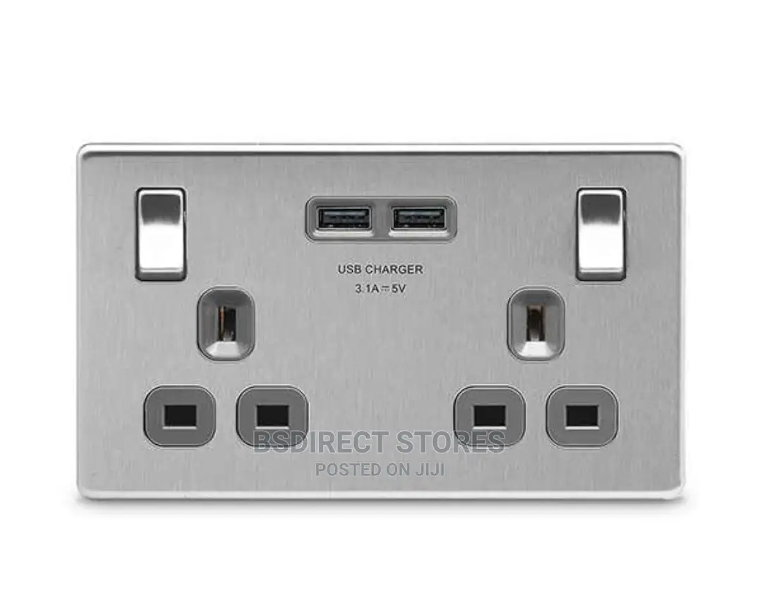 BG Brushed Steel USB Double Socket 2gang Screwless Flatplate
