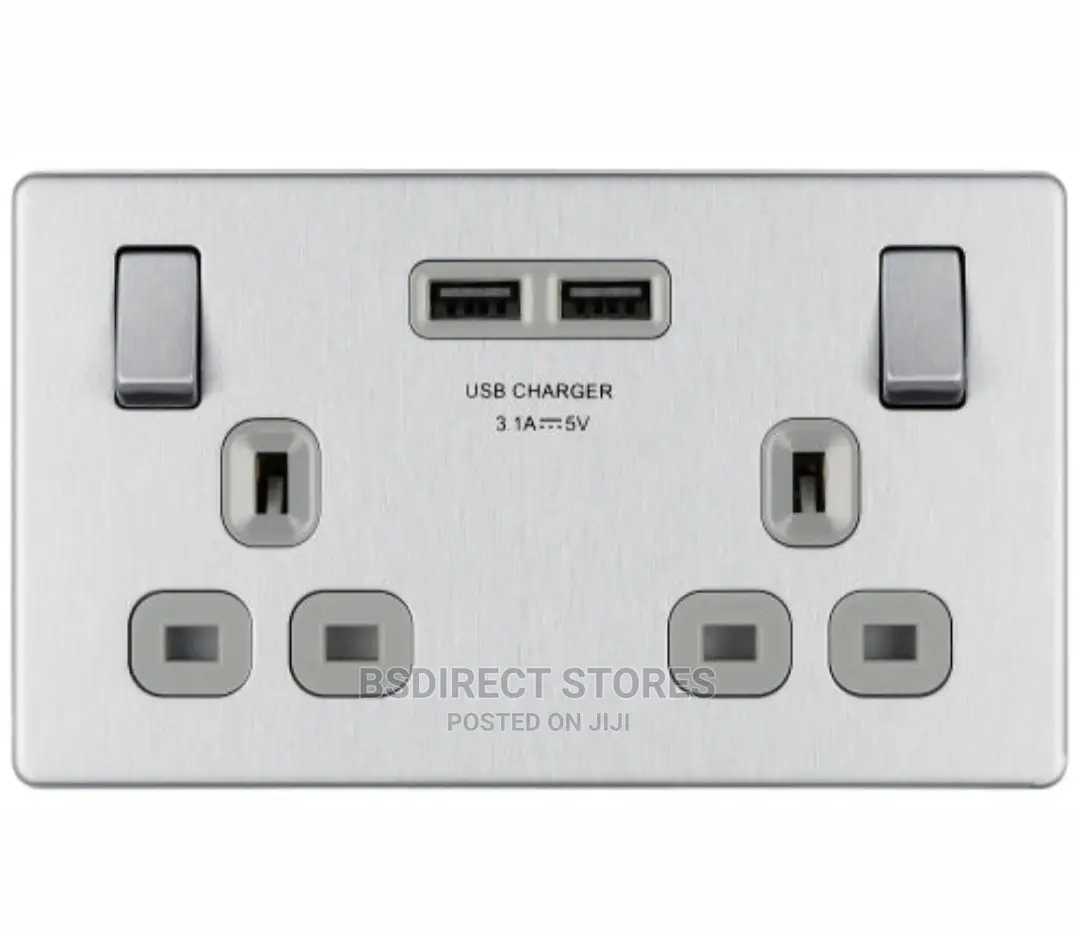 BG Brushed Steel USB Double Socket 2gang Screwless Flatplate