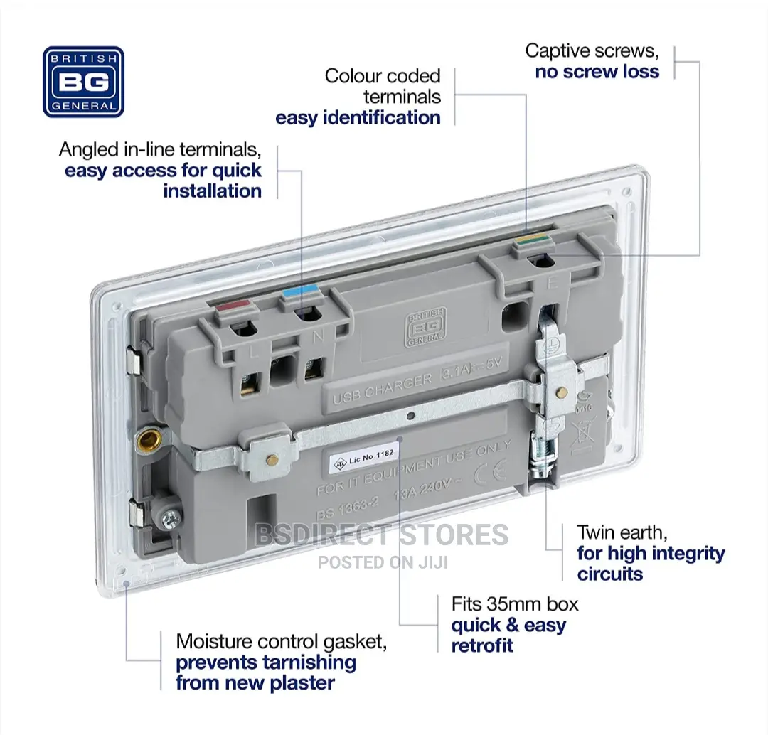 BG Brushed Steel USB Double Socket 2gang Screwless Flatplate