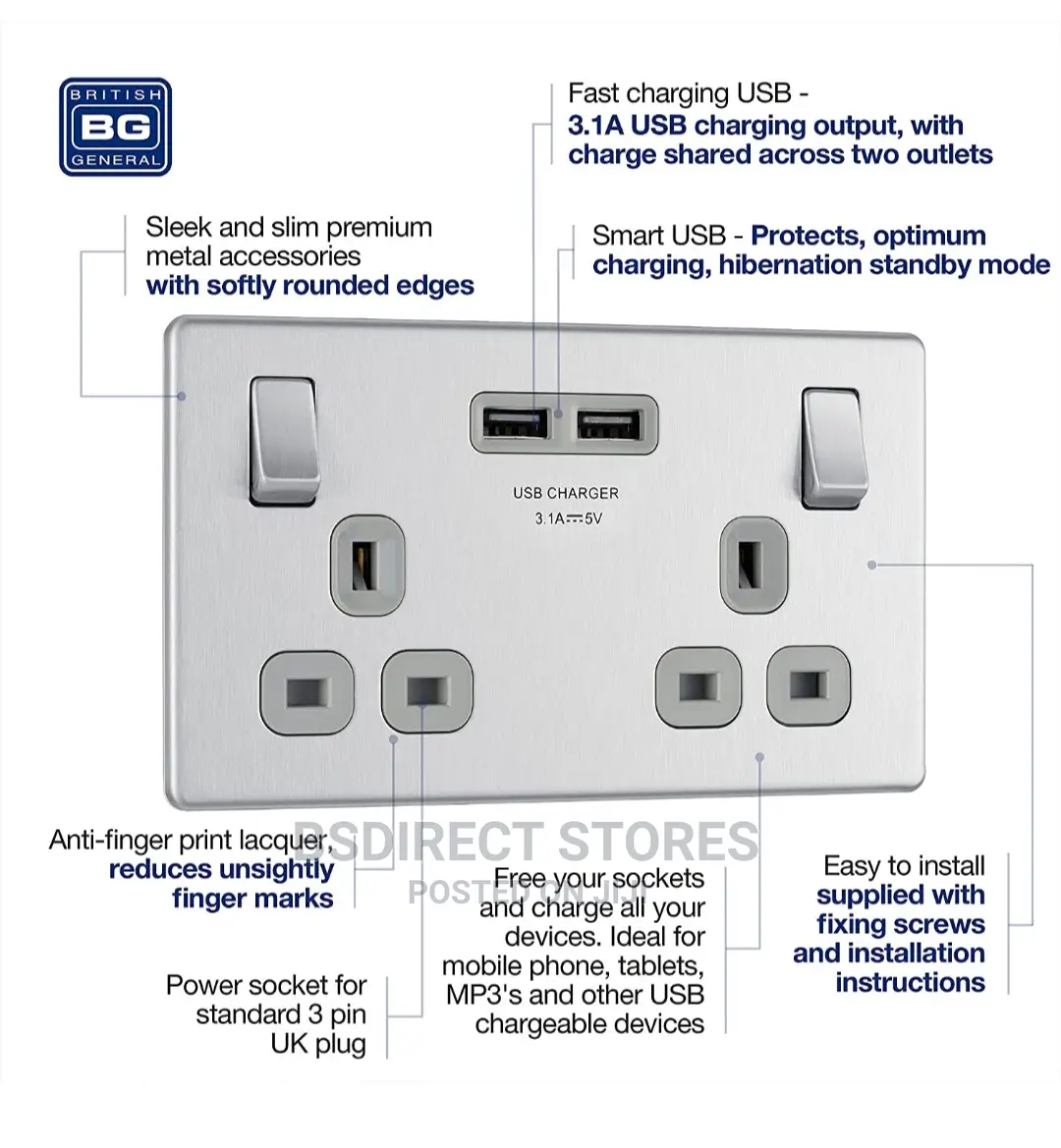 BG Brushed Steel USB Double Socket 2gang Screwless Flatplate