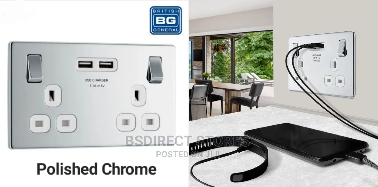 BG Polished Chrome USB Double Socket Screwless Flatplate