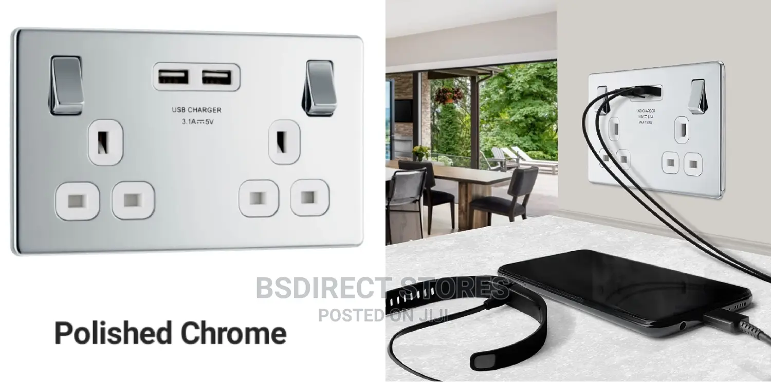 BG Polished Chrome USB Double Socket Screwless Flatplate