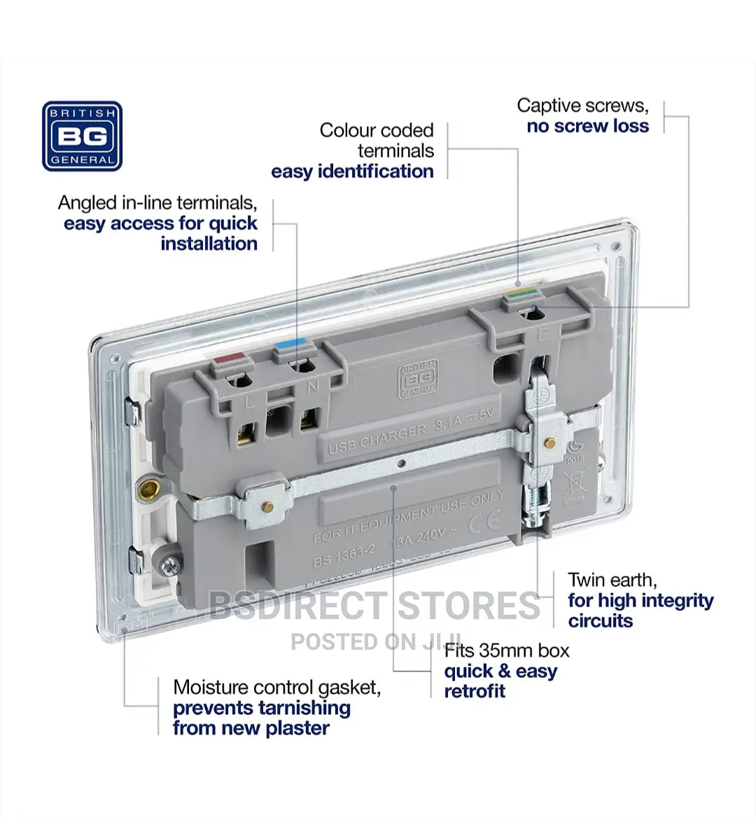 BG Polished Chrome USB Double Socket Screwless Flatplate