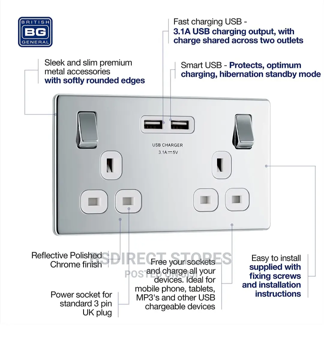 BG Polished Chrome USB Double Socket Screwless Flatplate