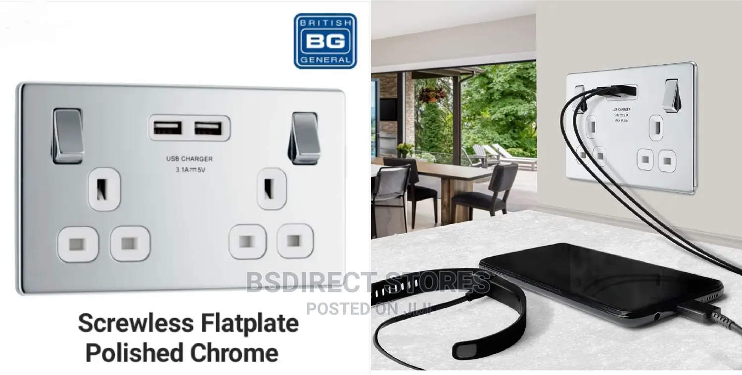 BG Polished Chrome USB Double Socket Screwless Flatplate