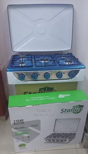 European Standard 5 Burner Gas Cooker With Cover White Color