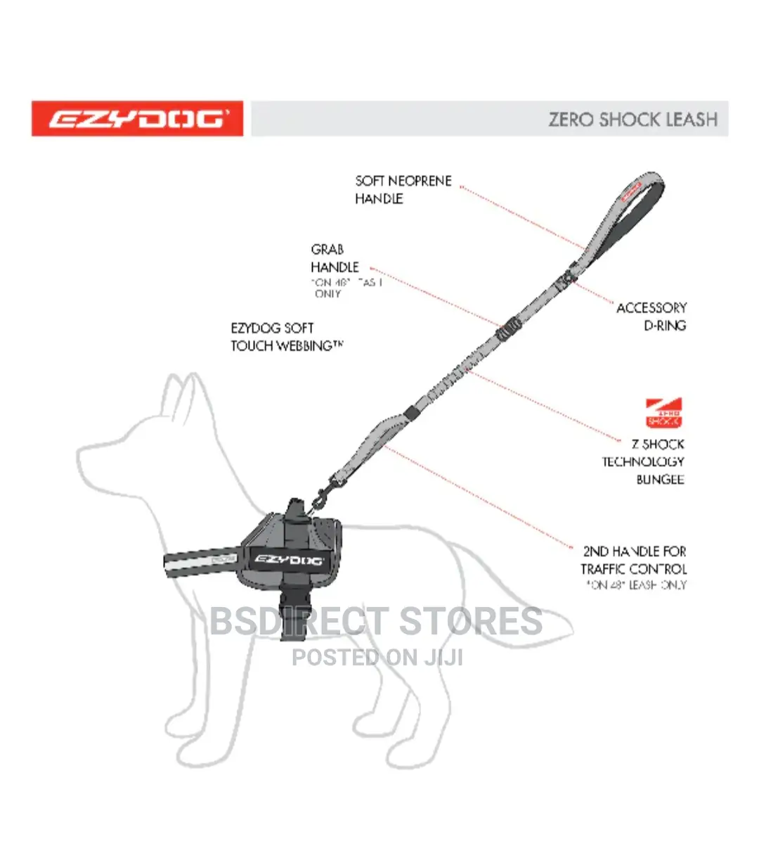 Ezydog ZERO SHOCK 25" RED Leash Shock Absorbing Dog Leash