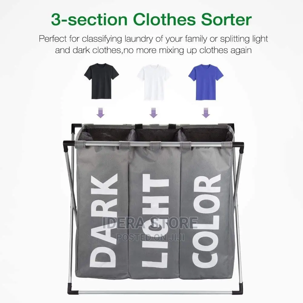 3 Section Large Foldable Laundry Basket Bag