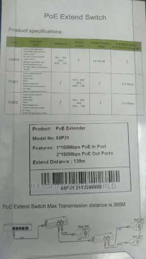 POE Ethernet Extender Switch 1 to 2 Ports