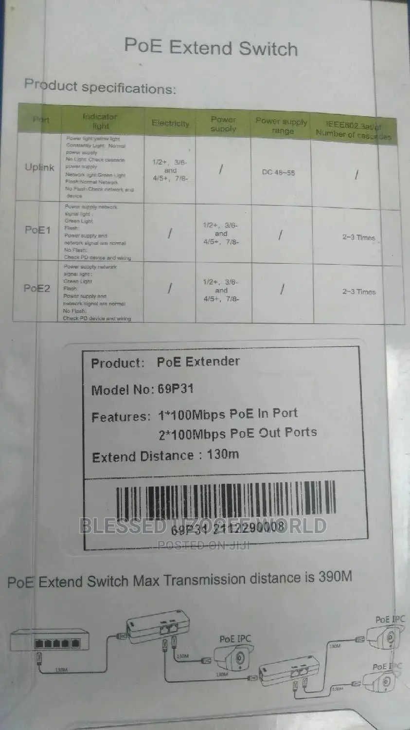 POE Ethernet Extender Switch 1 to 2 Ports