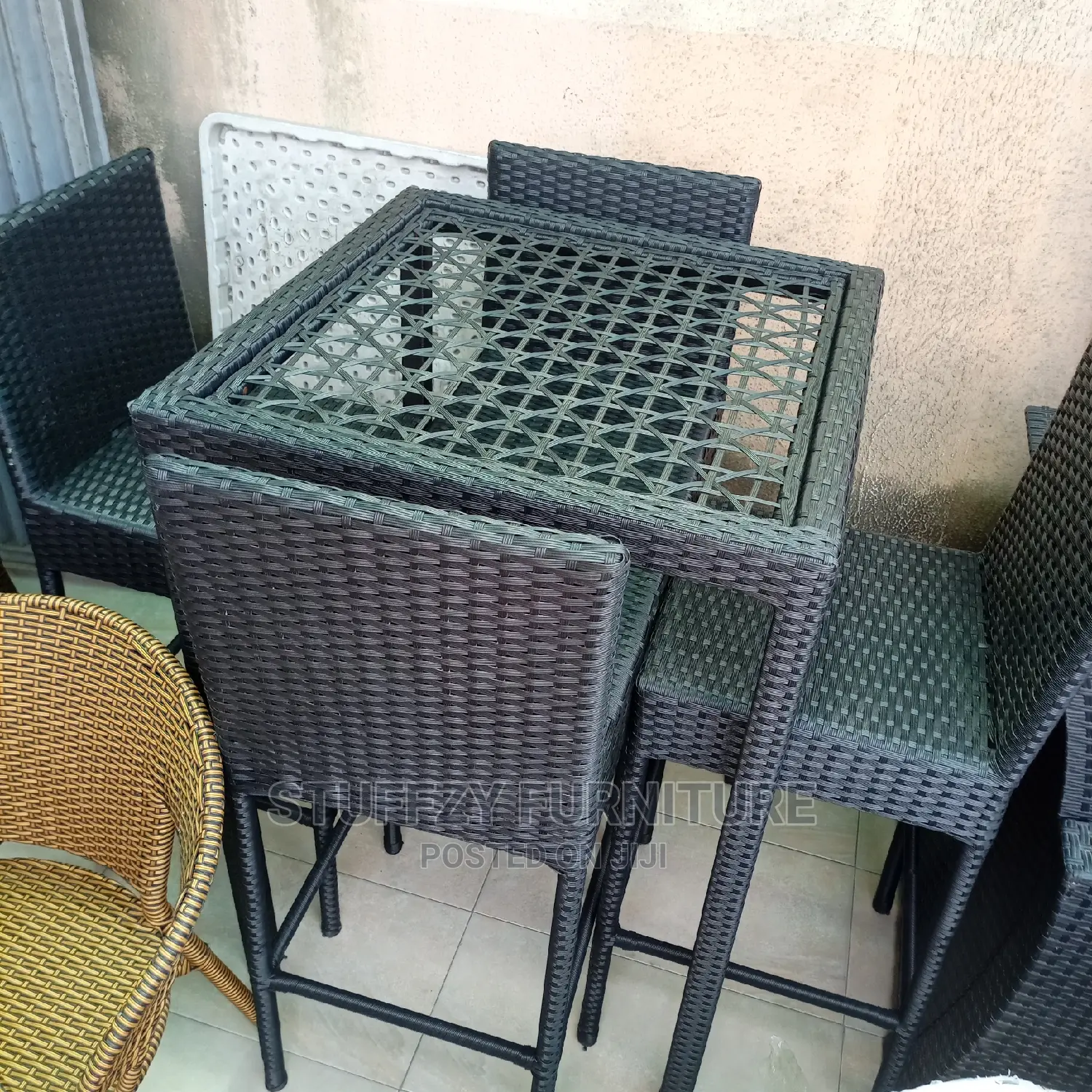 Rathan Outdoor Basket 4 Bar Chairs With Table