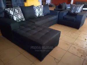 L-Shape Sofa and Single Chair. Fabric Couch With Pillows. Aso4