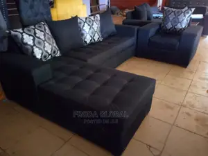 L-Shaped Sofa With Single Chair. Fabric Couch With Pillows