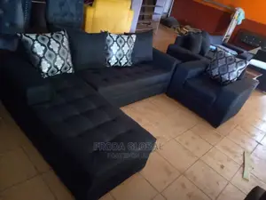 Portable L-Shape Sofa and Single Chair. Black Fabric Couch