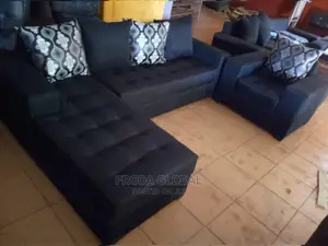 L-Shape Sofa and Single Chair, Pillows. Black Fabric Couch
