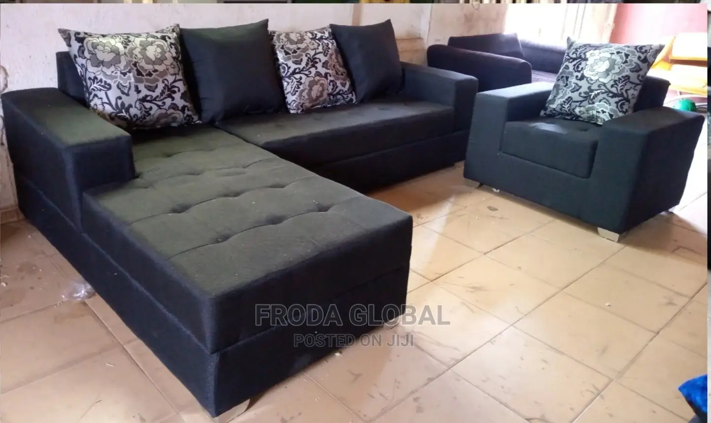 L-Shape Sofa and Single Chair, Pillows. Black Fabric Couches